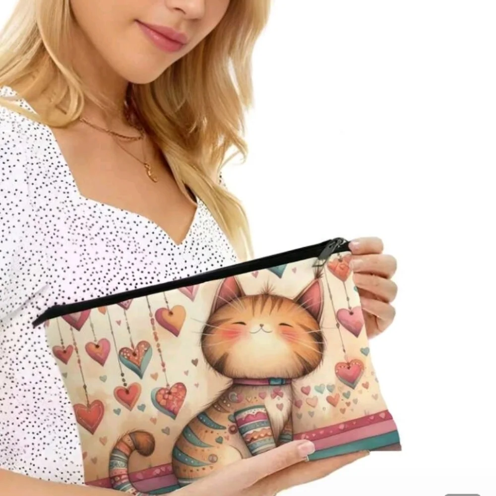 Boho Cute Cat And Hearts Print Canvas Pouch Zipper Purse